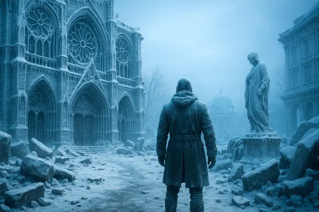 Silas face à une cathédrale prise dans la glace