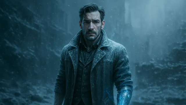 Silas dans la tempête de neige, son bras biomécanique luisant de bleu