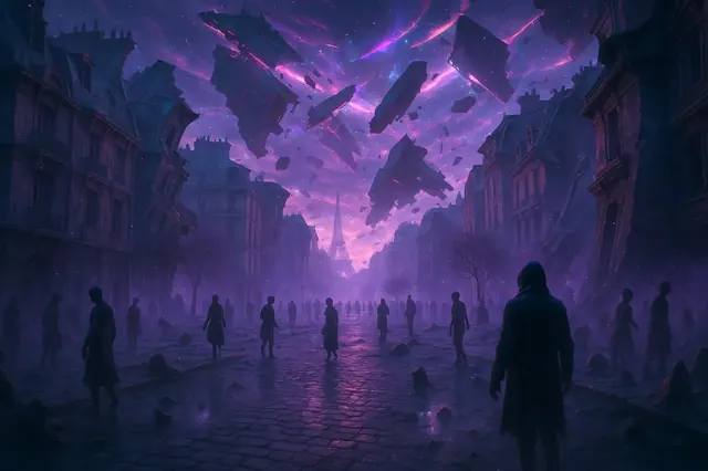 Une rue de Paris sous un ciel fracturé, des immeubles en lévitation