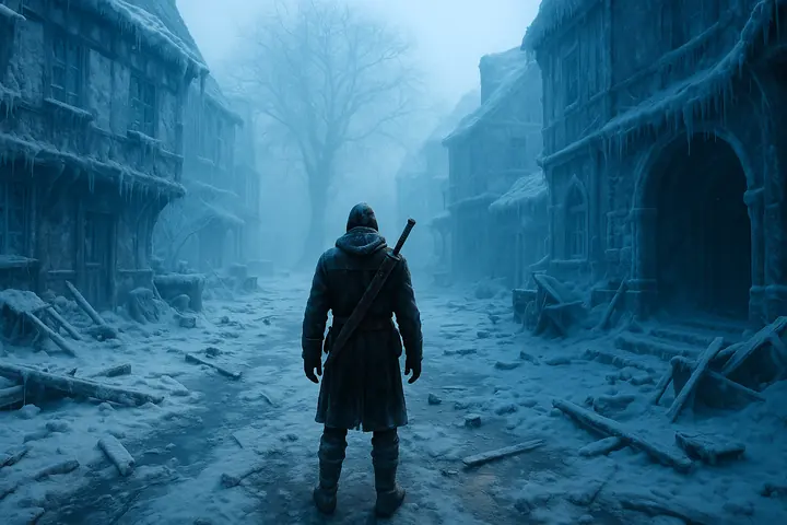 Silas seul dans une ruelle gelée et brumeuse