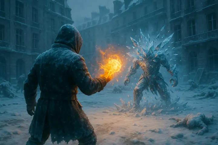 Silas lance une boule de feu contre un colosse de glace