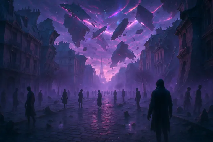 Une rue de Paris sous un ciel fracturé, des immeubles en lévitation