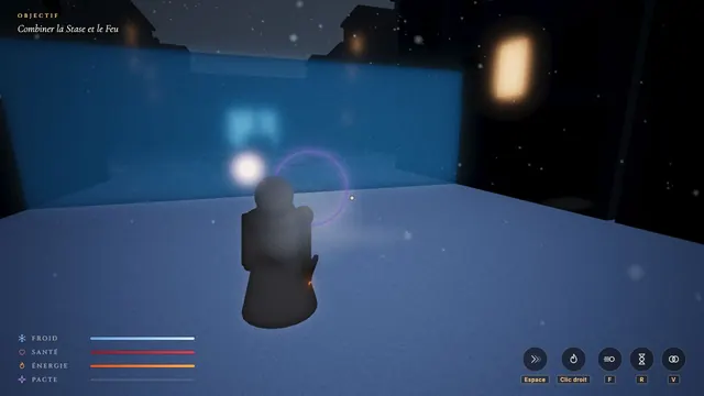 Capture du prototype : formes simples, Silas face à un mur de glace, l'Écho à ses côtés, jauges de froid, santé et énergie