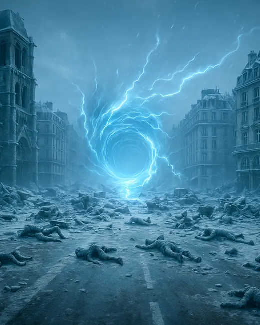 Une rue de Paris gelée, jonchée de silhouettes figées dans la glace ; au centre, une faille d'énergie bleue s'ouvre